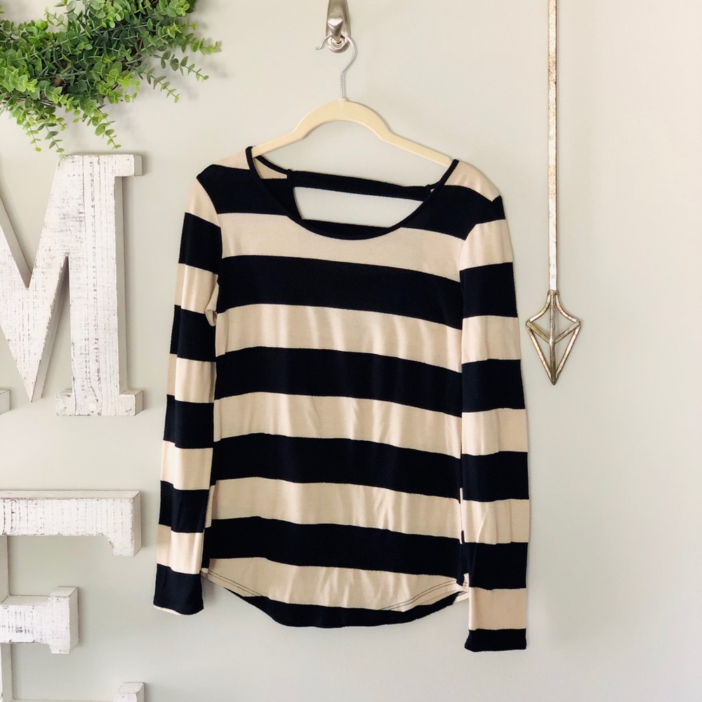 Black and beige striped long sleeve blouse